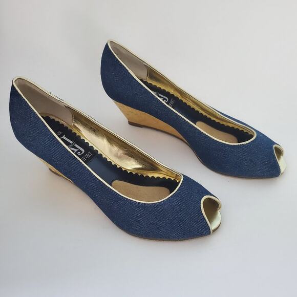 Aj Valenci Open Toe Comfort Blue Denim Wide Wedge Shoes - Picture 2 of 9